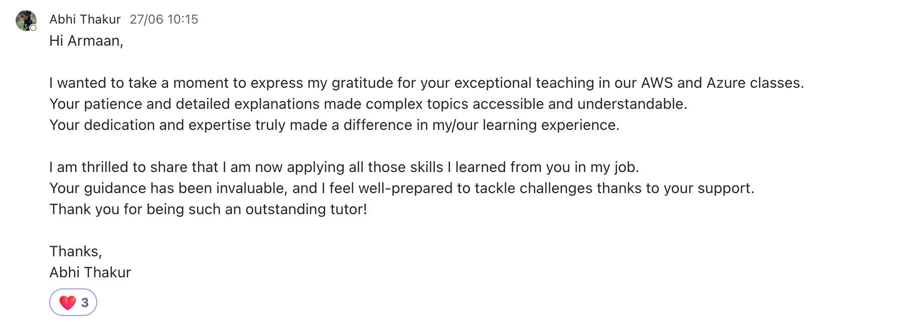 Abhi Thakur — exceptional teaching in AWS and Azure classes
