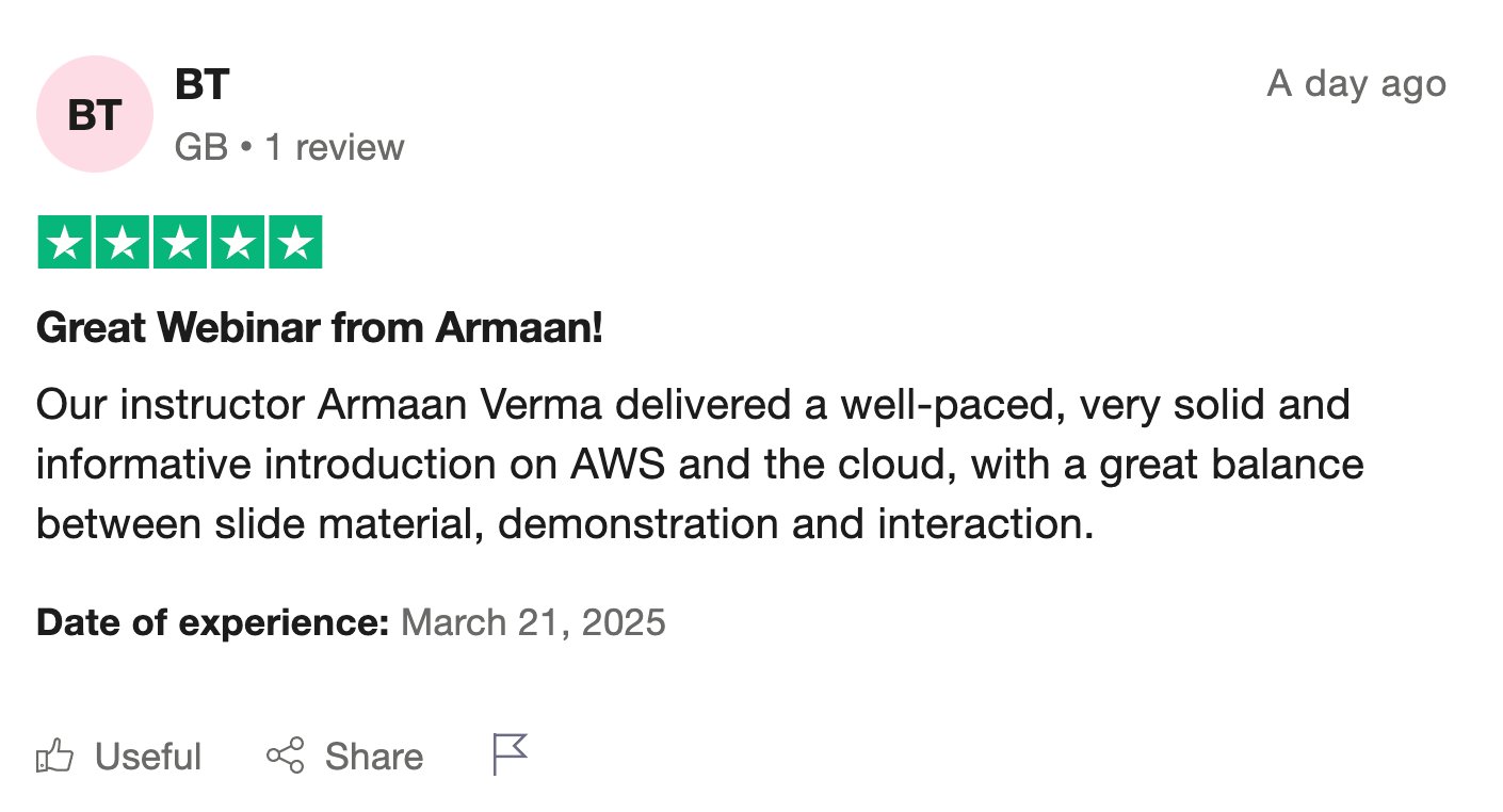BT review — Great Webinar from Armaan, 5 stars, Trustpilot