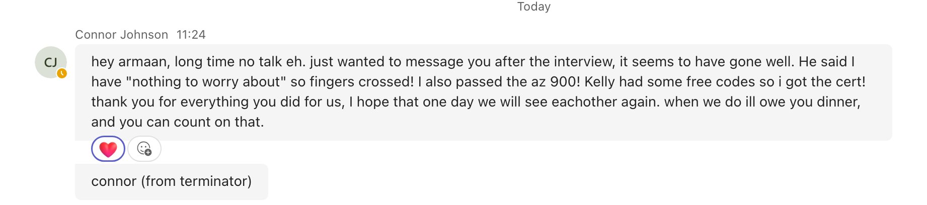Connor Johnson — passed AZ-900 and interview went well