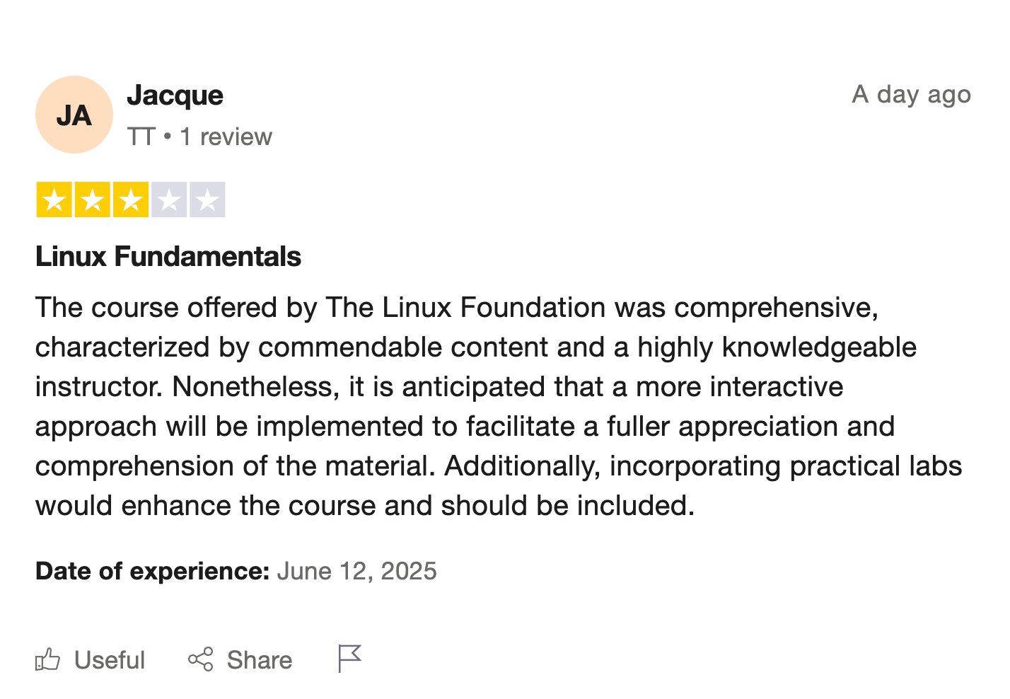 Jacque — Linux Fundamentals, 3 stars, comprehensive content
