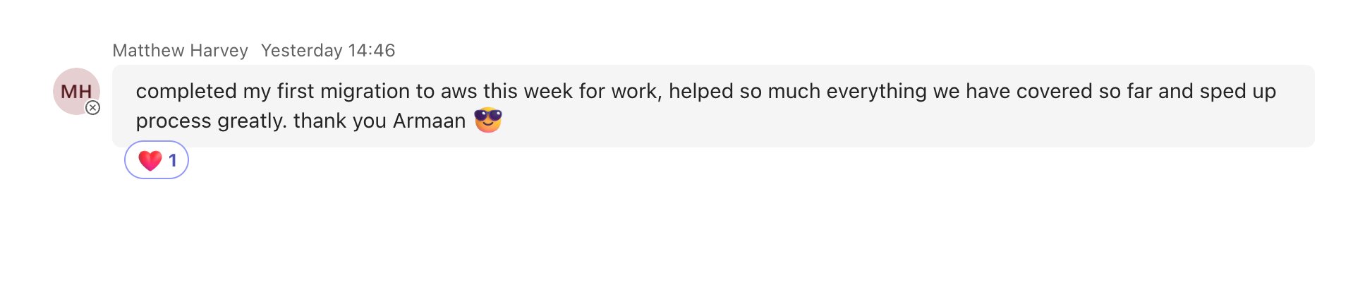 Matthew Harvey — completed first AWS migration at work