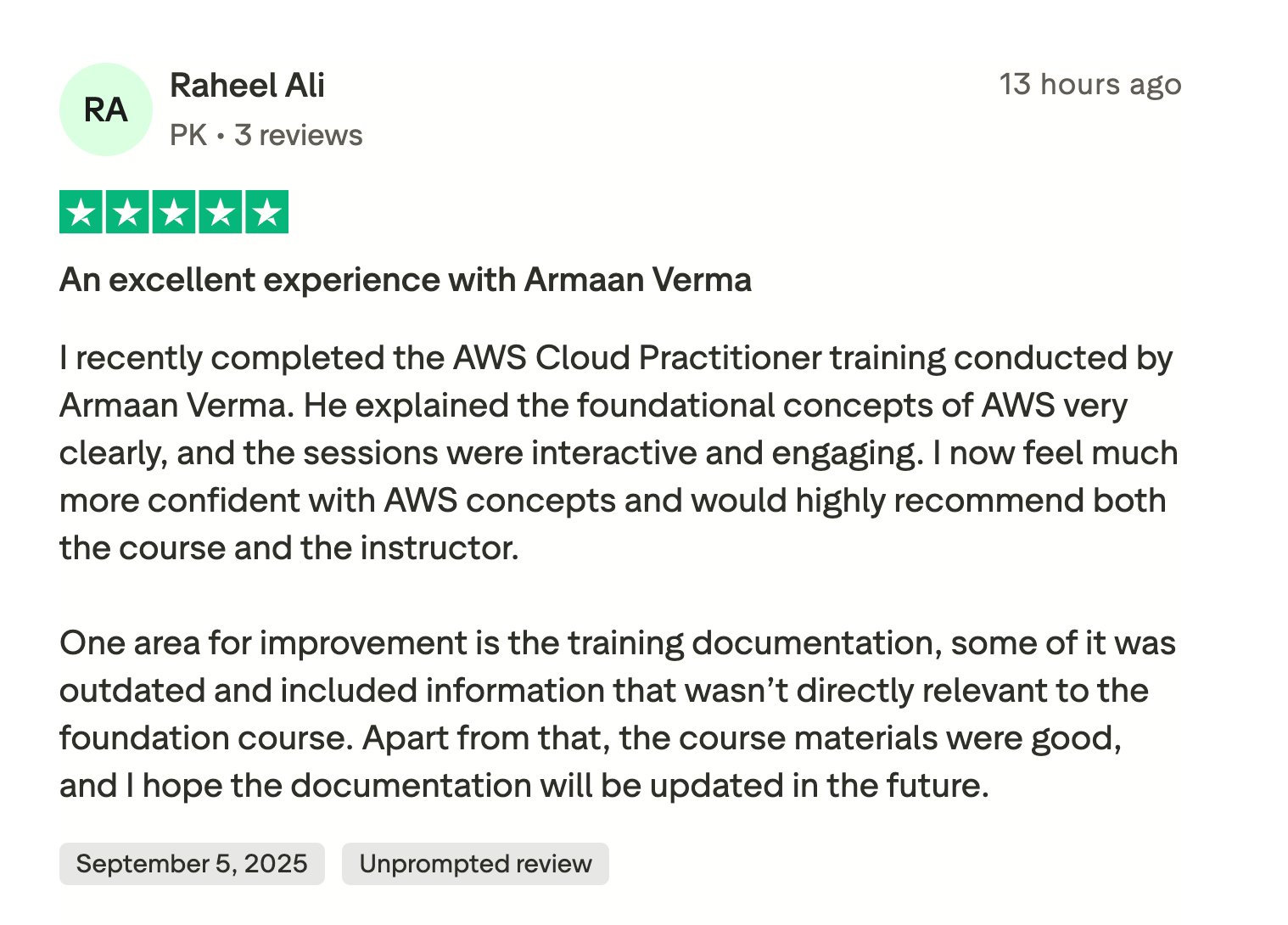 Raheel Ali — Excellent experience with Armaan Verma, 5 stars
